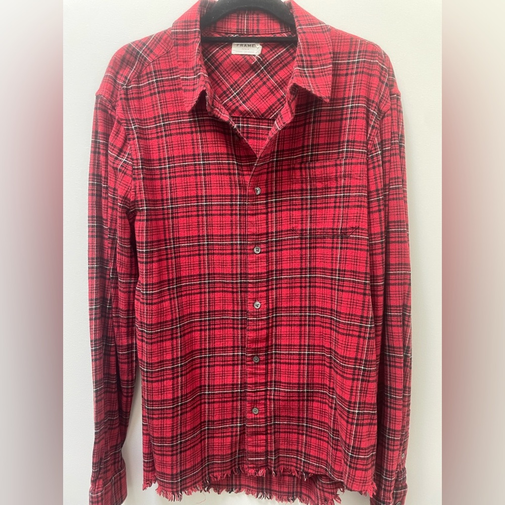 Frame Coastal Cowgirl Fringe Bottom Red Check 100% Cotton Button Down Size L